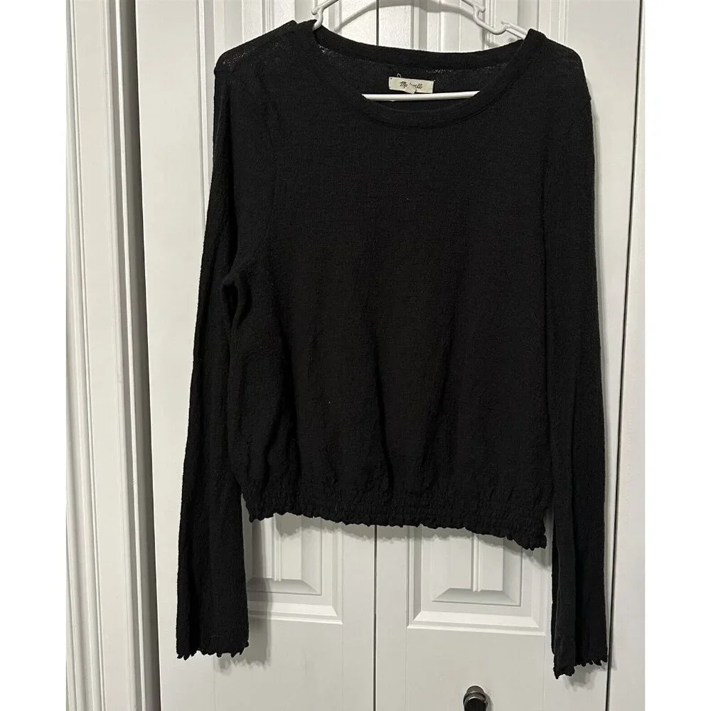 Madewell Blouson Top Black Large Long Sleeve Ruffle Edge Nubby Bell Sleeve